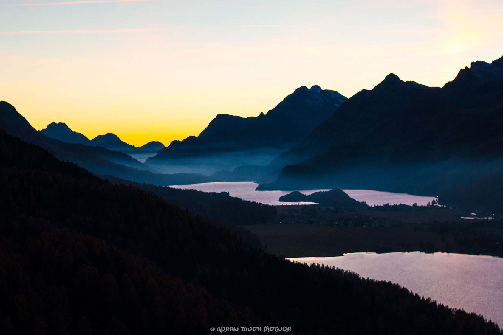 Engadin, Mountain, Snake of Scills Maria, Silvaplana, Sunrise, Surleij, Green Touch Picture, Theodore, Heitz, Pictures